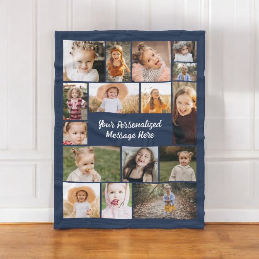 Navy Blue Modern Gepersonaliseerde 16 Fotocollage Fleece Deken