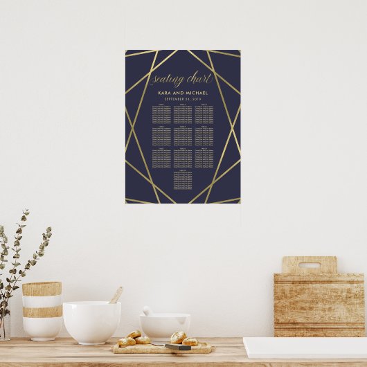 Navy Blue Modern Gold Diamond Seating Chart Poster (Keuken)