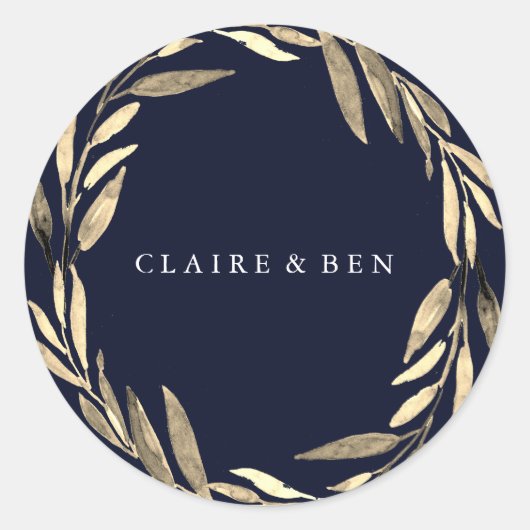 Navy Blue Modern Golden Leaf Wreath Wedding Ronde Sticker (Voorkant)