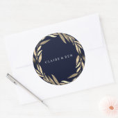 Navy Blue Modern Golden Leaf Wreath Wedding Ronde Sticker (Envelop)