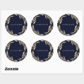 Navy Blue Modern Golden Leaf Wreath Wedding Ronde Sticker (Vel)