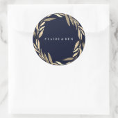 Navy Blue Modern Golden Leaf Wreath Wedding Ronde Sticker (Tas)