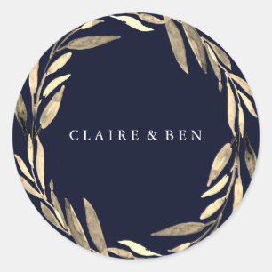 Navy Blue Modern Golden Leaf Wreath Wedding Ronde Sticker