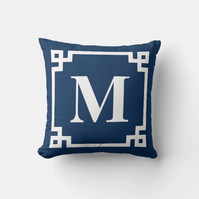 Navy Blue Modern - Grieks sleutelgrensmonogram Kussen (Voorkant)
