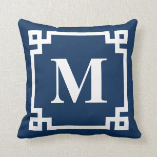 Navy Blue Modern - Grieks sleutelgrensmonogram Kussen