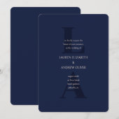 Navy Blue Modern Initialen Monogram Wedding Invita Kaart (Voorkant / Achterkant)