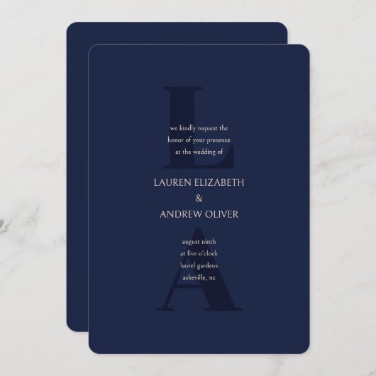 Navy Blue Modern Initialen Monogram Wedding Invita Kaart (Voorkant / Achterkant)