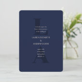 Navy Blue Modern Initialen Monogram Wedding Invita Kaart (Staand voorkant)