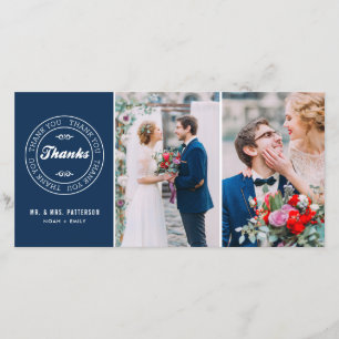 Navy Blue Modern Label Two-Photo Wedding Bedankt