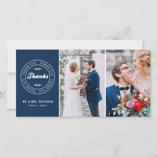 Navy Blue Modern Label Two-Photo Wedding Bedankt (Voorkant)