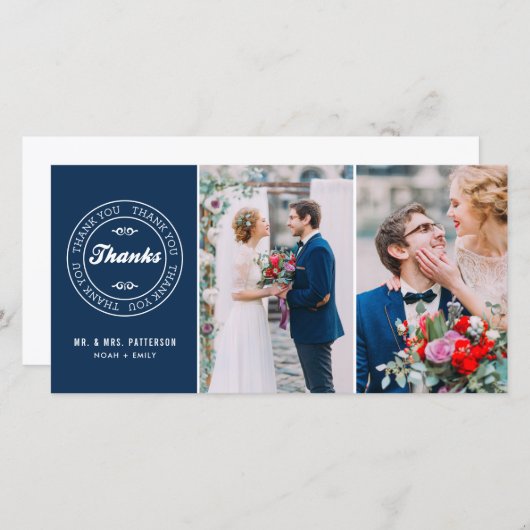 Navy Blue Modern Label Two-Photo Wedding Bedankt (Voorkant / Achterkant)