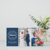 Navy Blue Modern Label Two-Photo Wedding Bedankt (Staand voorkant)