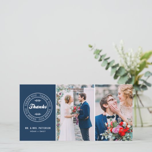 Navy Blue Modern Label Two-Photo Wedding Bedankt (Staand voorkant)