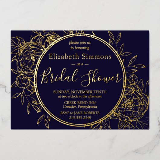 Navy Blue Modern Line Peony Toile Vrijgezellenfees Folie Uitnodiging (Voorkant)