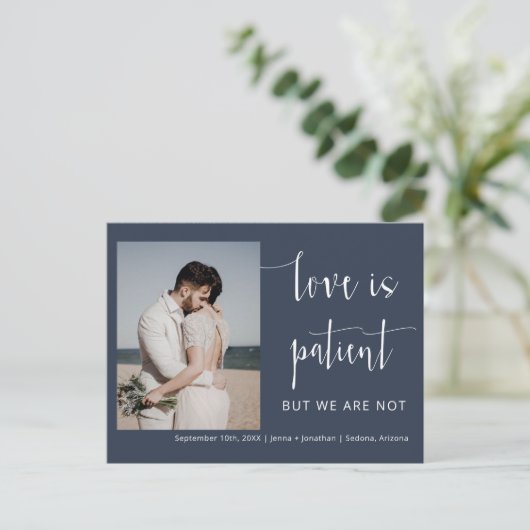 Navy Blue Modern Minimal Script Photo Elopement Briefkaart (Staand voorkant)