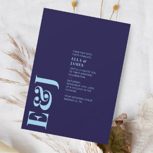 Navy Blue Modern Minimalist Bold Monogram Weddensc Kaart