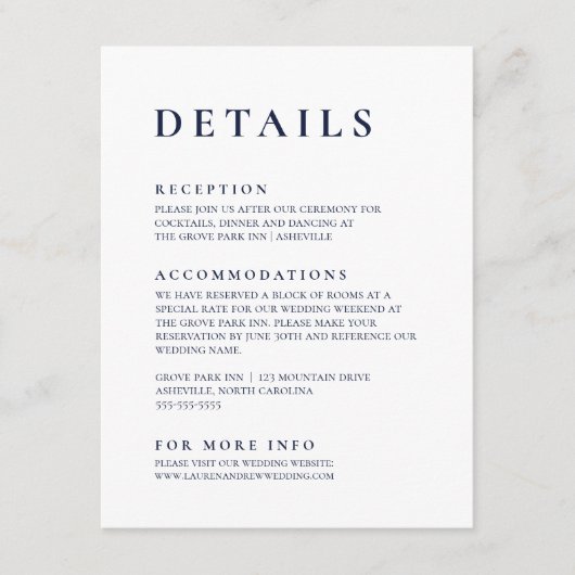 Navy Blue Modern Minimalist Elegant Enclosure Kaar Informatiekaartje (Voorkant)