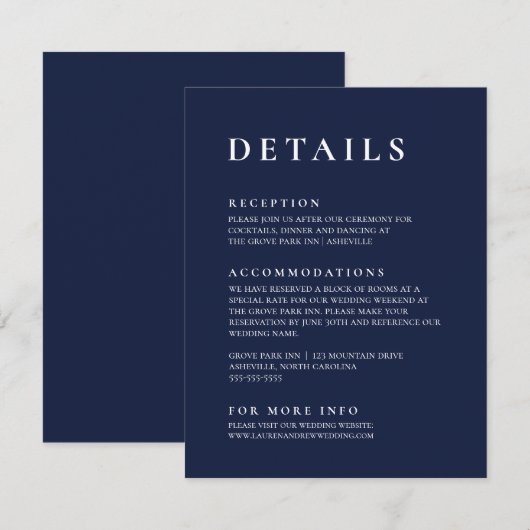 Navy Blue Modern Minimalist Elegant Informatiekaartje (Voorkant / Achterkant)