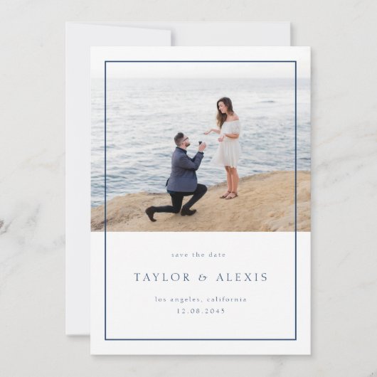 Navy Blue Modern Minimalist Lijst Foto Save The Date (Voorkant)