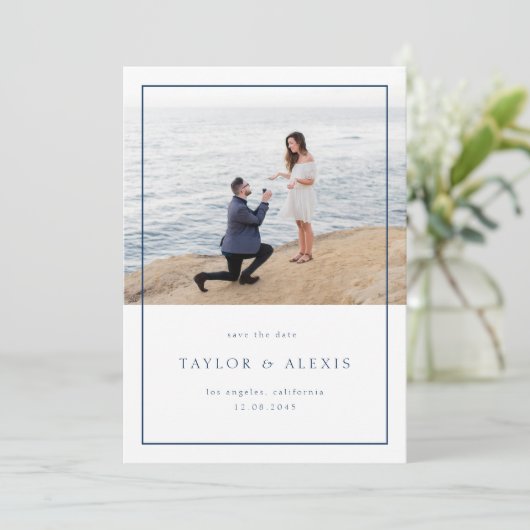 Navy Blue Modern Minimalist Lijst Foto Save The Date (Staand voorkant)