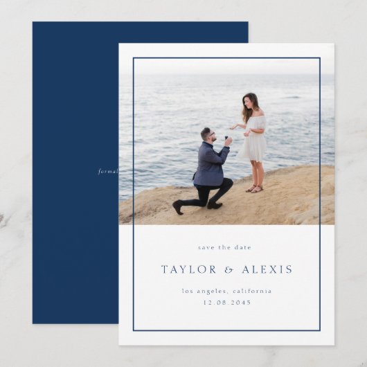 Navy Blue Modern Minimalist Lijst Foto Save The Date (Voorkant / Achterkant)