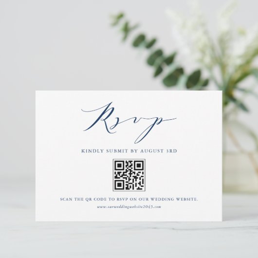 Navy Blue Modern Minimalist Script Wedding QR Code RSVP Kaartje (Staand voorkant)