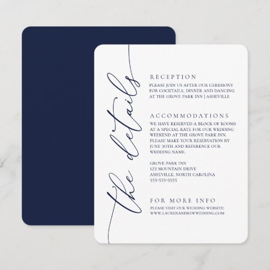 Navy Blue Modern minimalist Wedding 2 Informatiekaartje (Voorkant / Achterkant)
