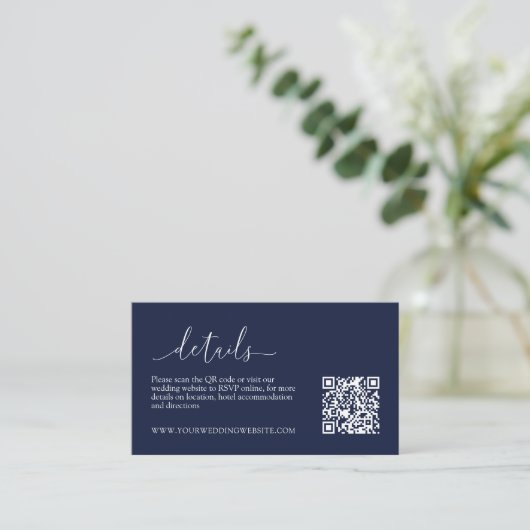 Navy Blue Modern Minimalist Wedding Details RSVP Informatiekaartje (Staand voorkant)
