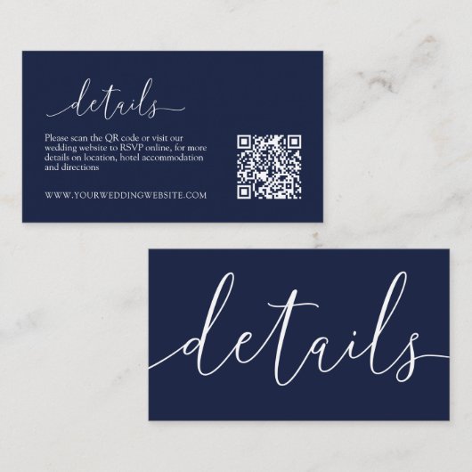 Navy Blue Modern Minimalist Wedding Details RSVP Informatiekaartje (Voorkant / Achterkant)