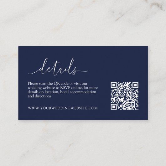Navy Blue Modern Minimalist Wedding Details RSVP Informatiekaartje (Voorkant)
