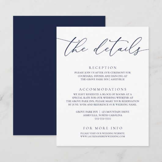 Navy Blue Modern Minimalist Wedding Informatiekaartje (Voorkant / Achterkant)