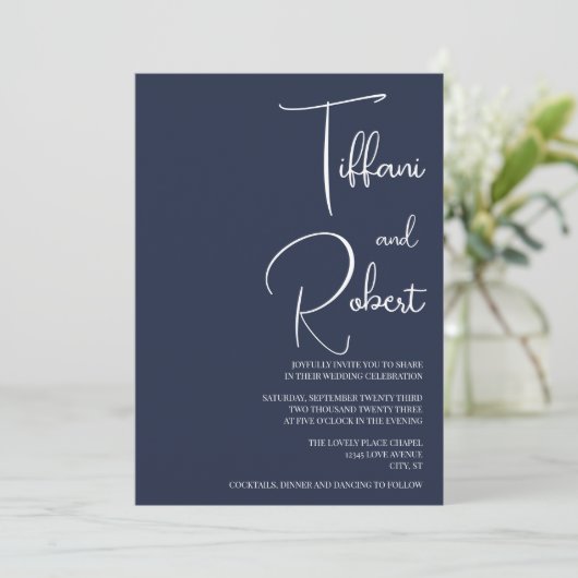 Navy Blue Modern Minimalist Wedding Kaart (Staand voorkant)
