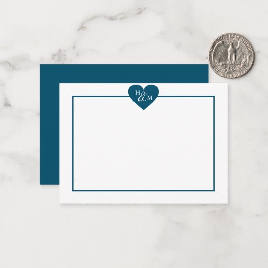 Navy Blue Modern Monogram Hart Notitiekaartje (Voorkant / Achterkant in situ)
