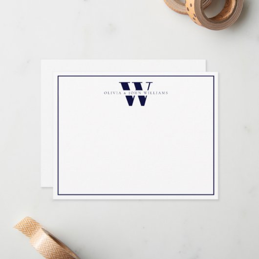 Navy Blue Modern Monogram Paar Stationery Notitiekaartje (Voorkant / Achterkant in situ)