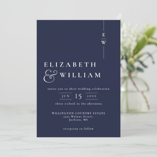 Navy Blue Modern Monogram Wedding QR-code Kaart (Staand voorkant)