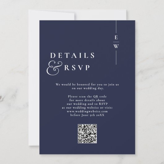 Navy Blue Modern Monogram Wedding QR-code Kaart (Achterkant)