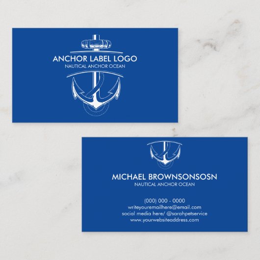 Navy Blue Modern Nautisch Anker Visitekaartje (Voorkant / Achterkant)