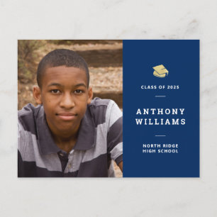 Navy Blue Modern Photo Afstuderen Briefkaart