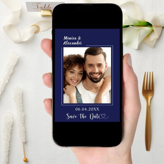 Navy blue modern photo wedding Save the Date