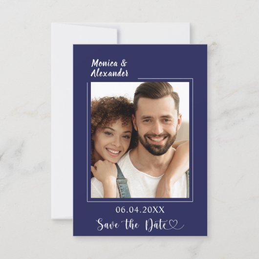 Navy blue modern photo wedding Save the Date (Voorkant)