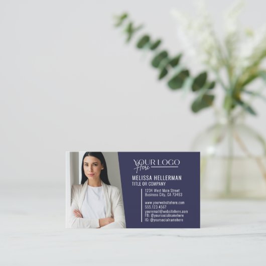 Navy Blue Modern Professionele QR Code Foto Logo Visitekaartje (Staand voorkant)