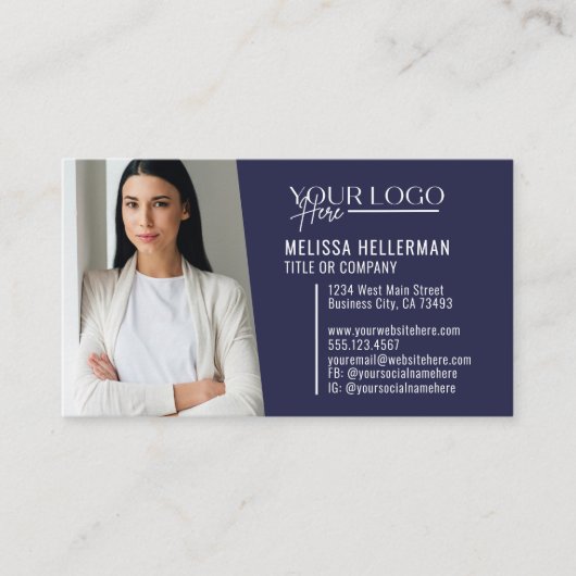 Navy Blue Modern Professionele QR Code Foto Logo Visitekaartje (Voorkant)