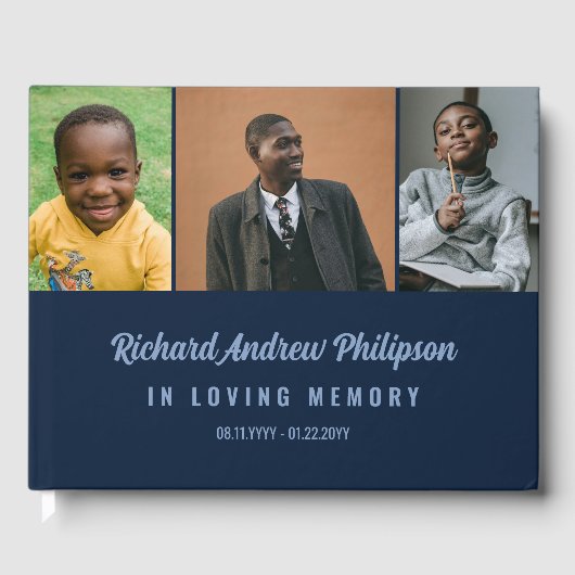 Navy Blue Modern Script 3 foto's in liefdevolle he Gastenboek (Voorkant)