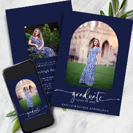 Navy Blue Modern Script Afstuderen Arch Foto Aankondiging