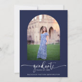Navy Blue Modern Script Afstuderen Arch Foto Aankondiging (Voorkant)