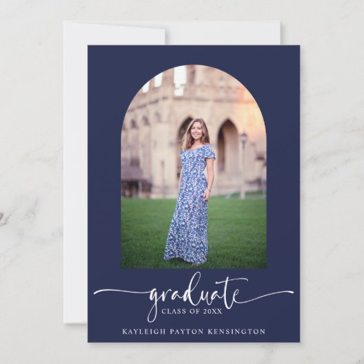 Navy Blue Modern Script Afstuderen Arch Foto Aankondiging (Voorkant)