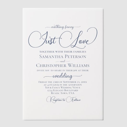 Navy Blue Modern Script Just Love Wedding Vellum Uitnodigingen (Voorkant)