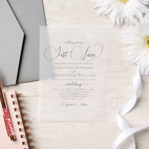 Navy Blue Modern Script Just Love Wedding Vellum Uitnodigingen