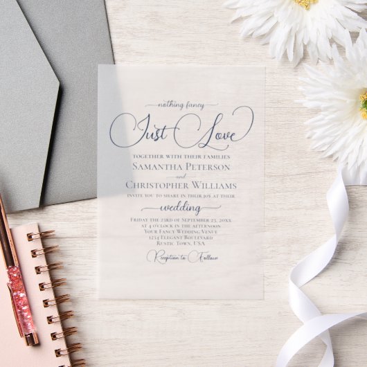 Navy Blue Modern Script Just Love Wedding Vellum Uitnodigingen (Huwelijk)
