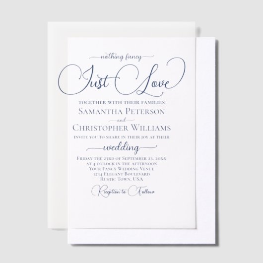 Navy Blue Modern Script Just Love Wedding Vellum Uitnodigingen (Offset)